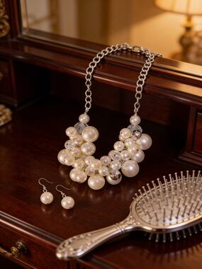 Faux Pearl  Cluster Statement Necklace and Earrings - Ivory
